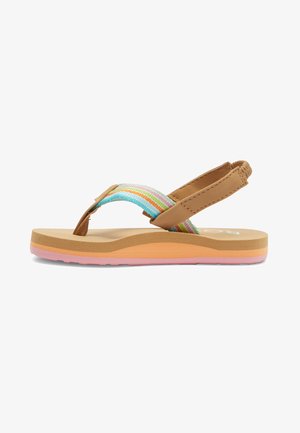 Sandales tongs marron avec une sangle en tissu à rayures multicolores, semelle intérieure texturée et une semelle superposée dans des teintes beige et rose.