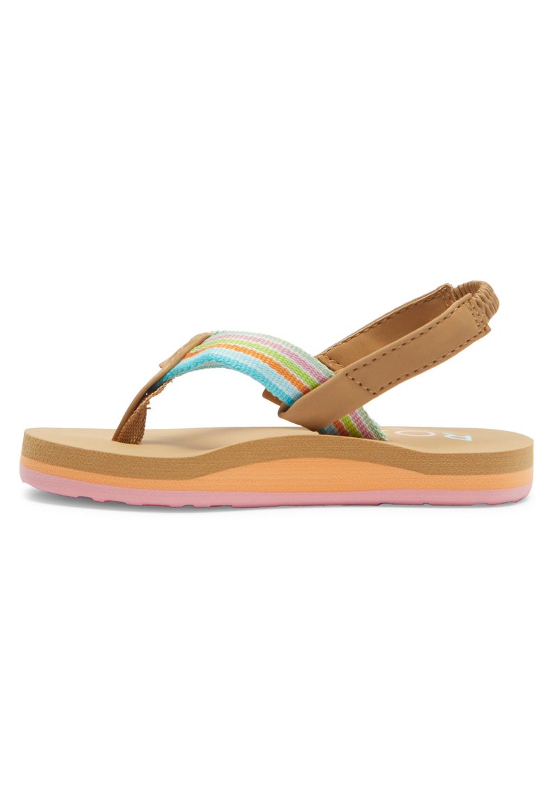 Bruine teensandalen met een meerkleurige gestreepte stoffen band, een gestructureerde voetbed en een gelaagde zool in tan- en rozenkwarts tinten.