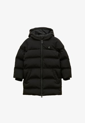 Zwarte lange donzen jas met capuchon, ritssluiting aan de voorkant, twee zijzakken en een klein logo op de borst, ontworpen voor koud weer.