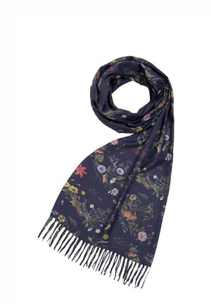 Sciarpa floreale navy con un mix di motivi verdi, rosa e gialli. Presenta estremità frangiate e una texture leggera e liscia.