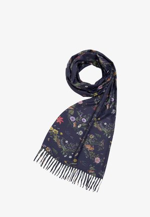 Sciarpa floreale navy con un mix di motivi verdi, rosa e gialli. Presenta estremità frangiate e una texture leggera e liscia.