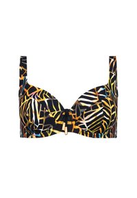 Biustonosz bikini na drutach w kolorze czarnym, z żywym zwierzęcym nadrukiem w intensywnych odcieniach żółtego, pomarańczowego i turkusowego; posiada detale w kolorze złotym.