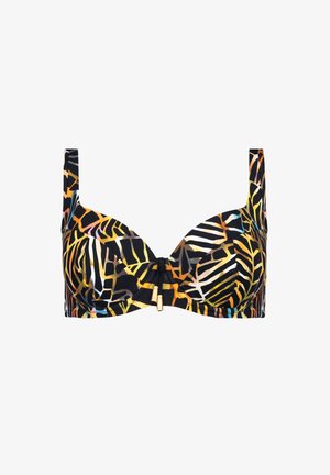 Biustonosz bikini na drutach w kolorze czarnym, z żywym zwierzęcym nadrukiem w intensywnych odcieniach żółtego, pomarańczowego i turkusowego; posiada detale w kolorze złotym.