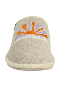 Felt slippers in beige with a white sole. Features a sunburst design in orange and purple embroidery, with the text "Sonnenstrahl" below.