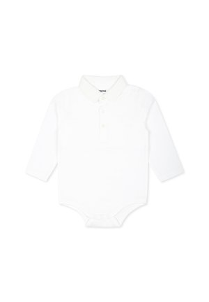 Body per neonati a maniche lunghe bianco con colletto polo, dotato di una chiusura a bottoni e di un'apertura a snap sul fondo per facilitare il cambio.