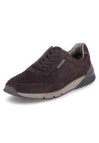 Brown suede sneaker with a padded tongue, lace-up design, contrasting grey rubber sole, and side detailing. Textured material and rounded toe.