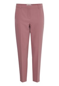 Tailored trousers in soft pink fabric, featuring a flat front, side pockets, and tapered legs for a structured fit.