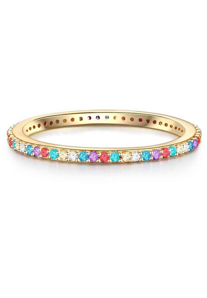 Zeltīts gredzens ar mainīgiem daudzkrāsainiem akmeņiem, tostarp ziliem, rozā, violetiem un caurspīdīgiem. Gluda josla ar teksturētu malas detaļu.