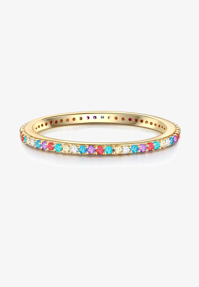 Gold-tone ring with alternating multicolored stones, including blue, pink, purple, and clear. Smooth band with a textured edge detail.