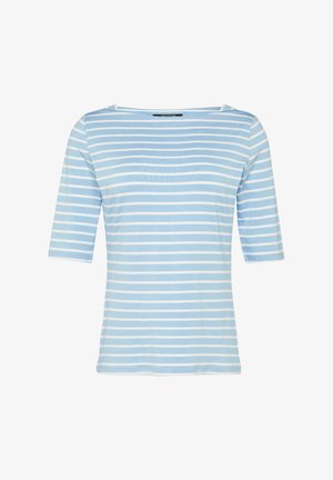 Camicia a righe blu chiaro con maniche a tre quarti, realizzata in tessuto morbido; presenta righe orizzontali bianche e un colletto a barca.