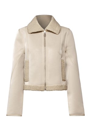 Beige læderjakke med en shearling-krave, sidelommer og en kort pasform. Har en frontlynlås og glat tekstur.