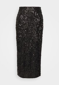 Černá, flitrová, přiléhavá sukně se žerzejovým střihem; má vertikální řady lesklých flitrů s hladkou texturou.