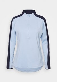 Hellblaues Langarm-Pullover mit Reißverschlusskragen, ausgestattet mit marineblauen Seitenpaneelen. Weicher Stoff, lockere Passform und abgerundeter Saum.