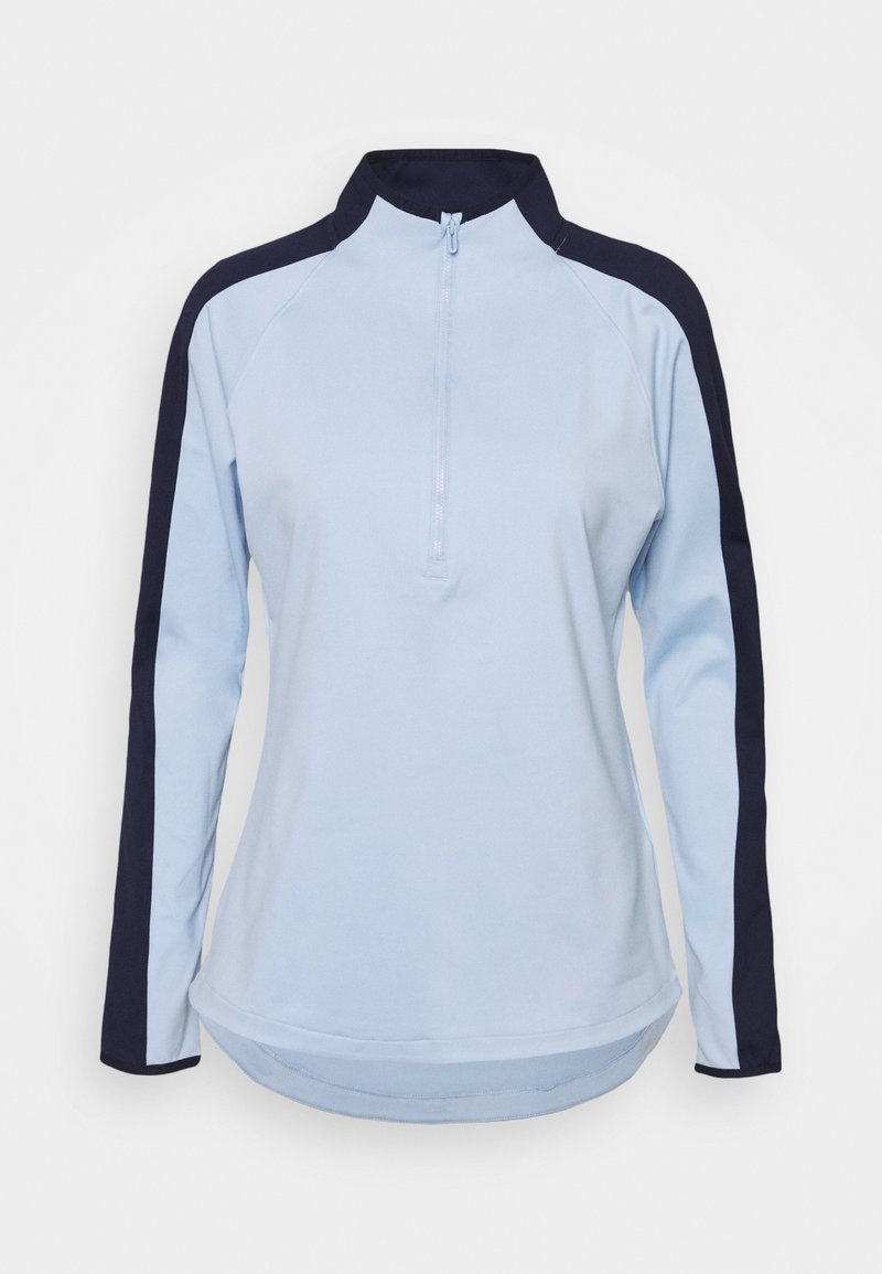 Hellblaues Langarm-Pullover mit Reißverschlusskragen, ausgestattet mit marineblauen Seitenpaneelen. Weicher Stoff, lockere Passform und abgerundeter Saum.