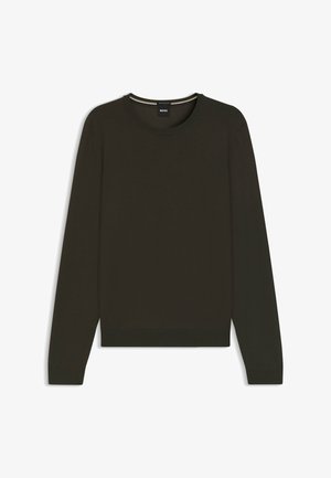 Dunkelgrüner Langarm-Pullover mit rundem Ausschnitt, gerippten Bündchen und Saum sowie einem Etikett am Ausschnitt.