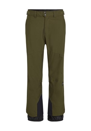 Pantalones impermeables de color verde oliva con corte recto, cinturilla ajustable, paneles inferiores negros y puños elásticos en los tobillos.