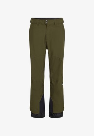 Olive green waterproof pants with a straight cut, adjustable waistband, black lower panels, and elastic cuffs at the ankles.