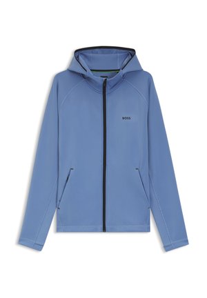 Felpa con cappuccio azzurro chiaro con cerniera frontale e tasche anteriori, con cerniera nera e logo "BOSS" sul petto.