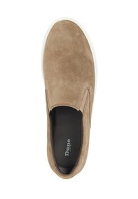 Tan suede slip-on shoe with elastic side panels, round toe, and white rubber sole. Interior features a black insole with branding.