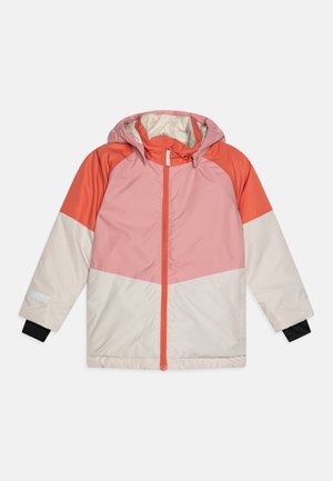 Farbblockierte Steppjacke mit einem Design in Pink, Korallenrot und Beige. Verfügt über eine Kapuze, einen Vorderreißverschluss und schwarze elastische Bündchen. Weicher Stoff.