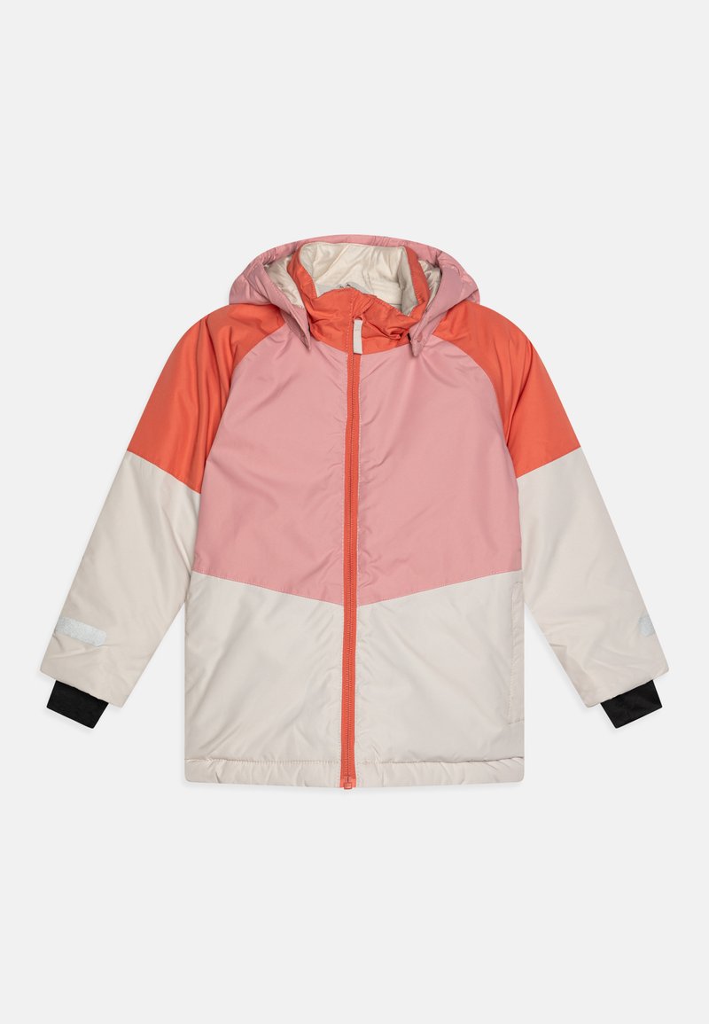Kurtka puchowa w kolorowej blokadzie w różowym, koralowym i beżowym wzorze. Posiada kaptur, zamek błyskawiczny z przodu oraz czarne elastyczne mankiety. Miękka tekstura.