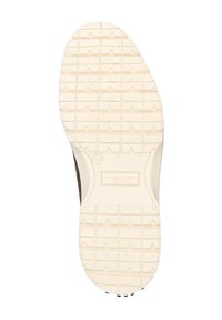 Bruine leren zool met een gestructureerde witte rubberen onderkant, voorzien van een diamantvormig loopvlakpatroon en de merknaam "McGregor" geperst.