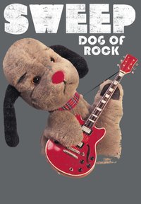 Stoffhund mit grauem Fell und schwarzen Ohren, roter Nase, der ein kariertes Halsband trägt und vor einem grauen Hintergrund eine rote E-Gitarre spielt.