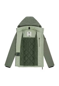 Zelena jakna z teksturirano zunanjostjo, qiltan notranji podlogo, nastavljivo kapuco in zadrgo spredaj; ima kontrastno barvo notranjosti.