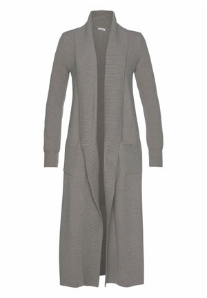 Langer grauer Cardigan aus geripptem Strickstoff, mit offenem Frontbereich, zwei großen Fronttaschen und langen Ärmeln.