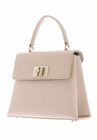 Borsa strutturata in materiale texturizzato rosa chiaro, con chiusura a lucchetto in tonalità oro e manico corto, dotata di un ampio interno.
