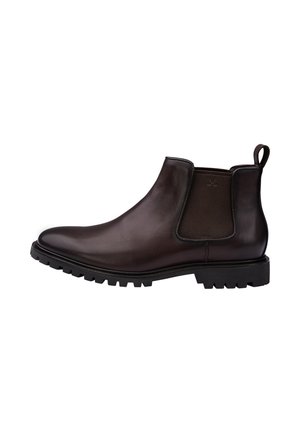Dunkelbrauner Chelsea-Stiefel aus Leder mit elastischem Seitenteil, Zuglasche hinten und robuster schwarzer Sohle.