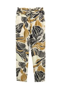 Blumenmuster-Hosen in Schwarz, Gold und Creme. Aus leichtem Stoff gefertigt, mit einem taillierten Bund und schmal zulaufenden Beinen.