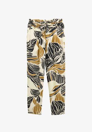 Bloemmotiefbroek met zwart, goud en crème kleuren. Gemaakt van lichtgewicht stof met een riem in de taille en taps toelopende benen.