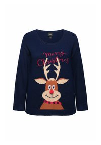 Marinblå tröja med V-ringning, med en ren grafik, röd text "God Jul" och festliga designelement som horn och en röd näsa.