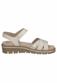 Sandales à lanières en cuir beige clair avec un design texturé et pailleté. Dotées d'un talon de soutien et d'une semelle extérieure en caoutchouc avec une adhérence texturée.