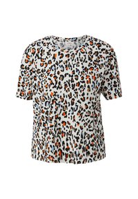 Bílý tričko s krátkým rukávem a volným střihem, s vícoloritou leopardími vzory v černé, oranžové, modré a hnědé. Materiál z bavlněné sm�ěsi.
