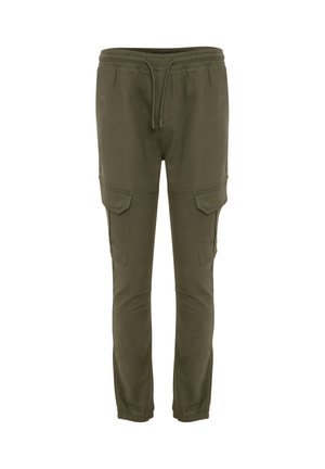Olijfgroene cargobroek met een elastische koordsluiting in de taille, een tapered fit, twee grote zijzakken en een gladde, zachte textuur.