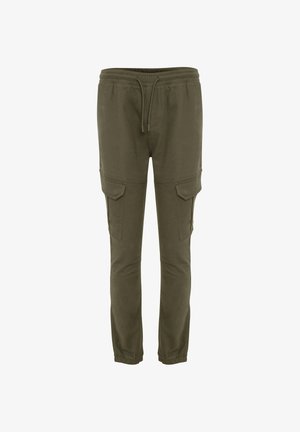 Pantalones cargo verde aceituna con una cintura elástica con cordón, ajuste entallado, dos grandes bolsillos laterales y una textura suave y lisa.