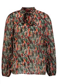 Transparante multikleurige blouse met hoge hals en strik, met een patroon van groene, rode en grijze vormen, en gathered pofmouwen.