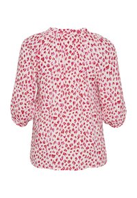 Læssebluse i leopardprint i pink og hvid, med trekvartærmer, en sammensyning ved halsen og en løs pasform. Blød stofstruktur.