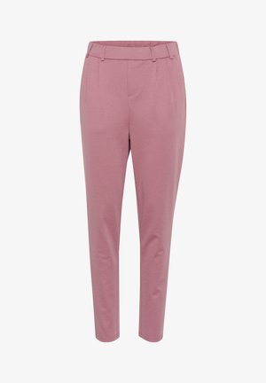 Roze, taps toelopende broeken met een gladde textuur, voorzien van een gestructureerde tailleband en subtiele plooien aan de voorkant voor extra detail.