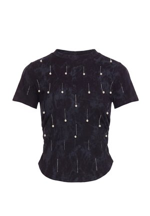 Black short-sleeve shirt with a subtle textured pattern, decorated with vertical rows of pearls and small silver studs on the front.