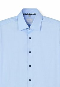 Light blue dress shirt with a textured pattern, button-down collar, and black buttons. Label states "OLYMP LEVEL 5" and "BODY FIT."