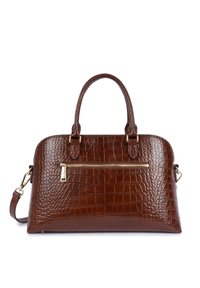 Borsa a mano in pelle con embossing coccodrillo marrone, con manici doppi, hardware color oro e tasca frontale con zip. Include una tracolla regolabile.