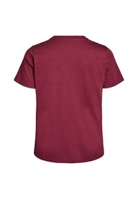 Burgundska majica s kratkimi rokavi in okrolim izrezom. Izdelana iz mehke bombažne tkanine. Gladko teksturo, brez vidnih vzorcev ali poudarkov.