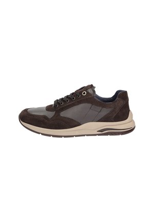 Dark brown and gray casual sneaker with lace-up design and light beige sole, shown from the side on a white background.