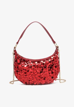 Borsa a tracolla rossa con paillettes, con tracolla corta in pelle e catena dorata rimovibile, a forma di mezzaluna con chiusura superiore con zip.