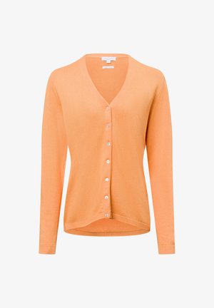 Oranje cardigan gemaakt van een zachte brei-stof, met een V-halslijn, lange mouwen en zes knopen aan de voorkant met een rechte zoom.