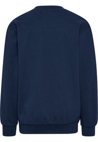 Felpa blu navy realizzata in tessuto testurizzato, con maniche lunghe, scollo tondo e bordo a coste in vita e ai polsini. Mostrata vista posteriore.
