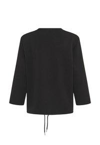 Pull noir à manches longues avec col rond et détail cordon suspendu à l'ourlet inférieur à l'arrière.
